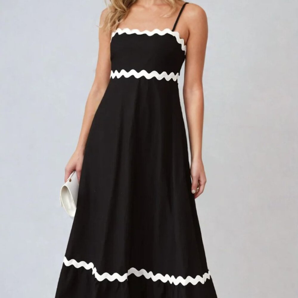 100% Cotton Black and White Ric Rac Sleeveless Maxi Dress